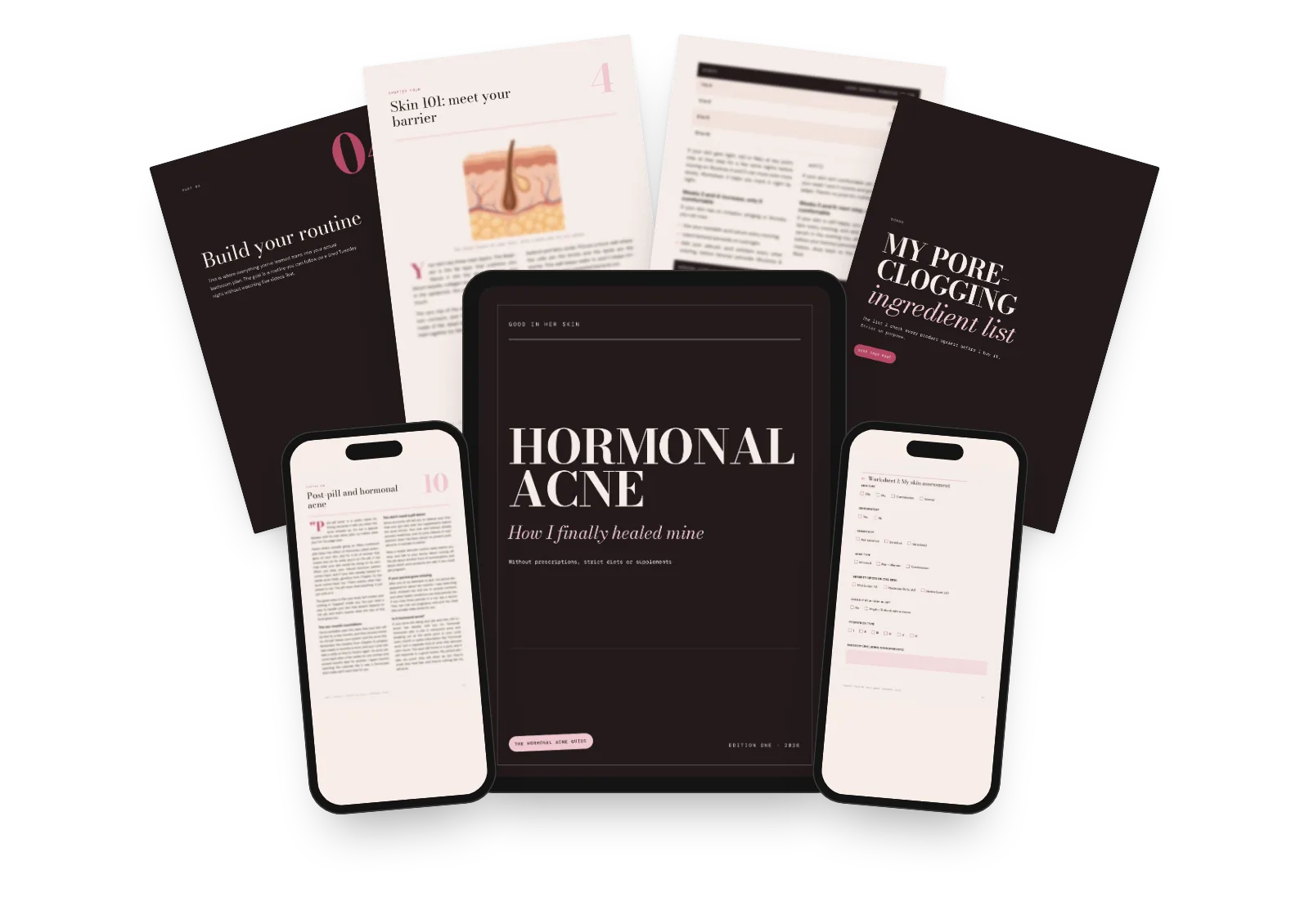 The guide on a tablet and two phones, with pages from inside: Skin 101, Build your routine, the pore-clogging ingredient list and a worksheet